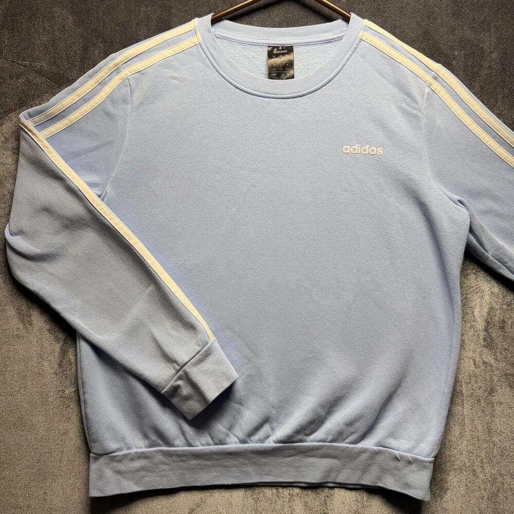 Adidas Sweatshirt Womens Large Blue 3-Stripes Logo Fleece Crew Pullover